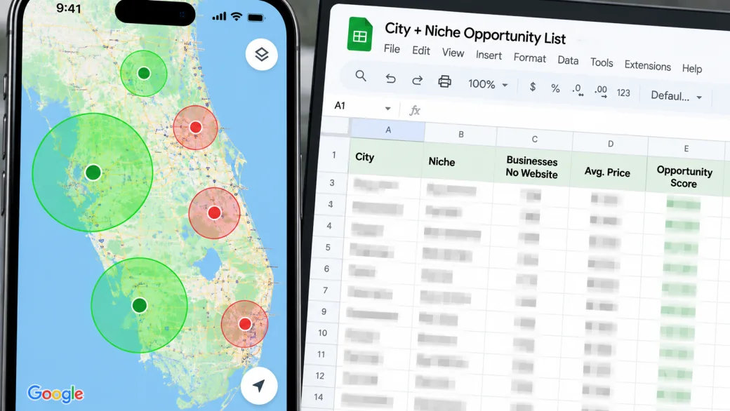 Map opportunity analysis beside a ranked City and Niche Opportunity List