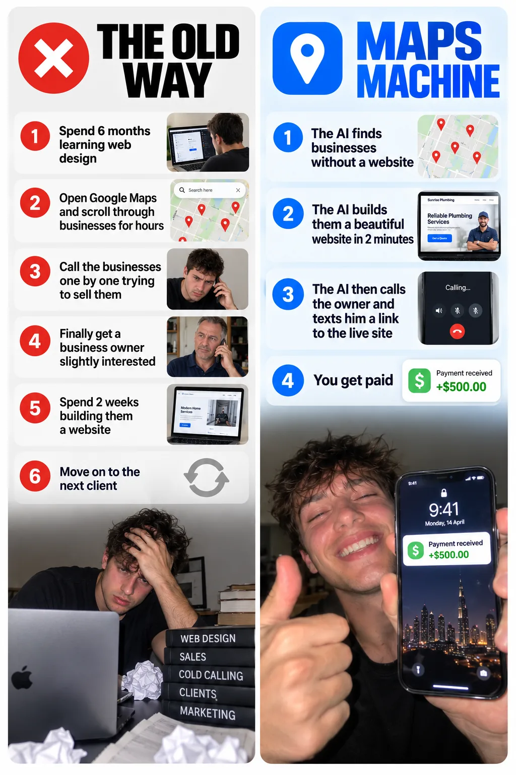 The old six-step website sales process compared with the four-step Maps Machine process