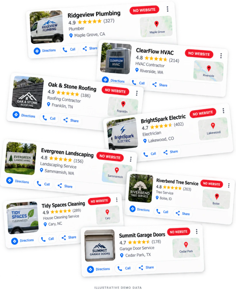 Illustrative stack of fictional local business listings with no website