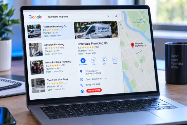 Realistic Maps search showing a local plumber listing with no website