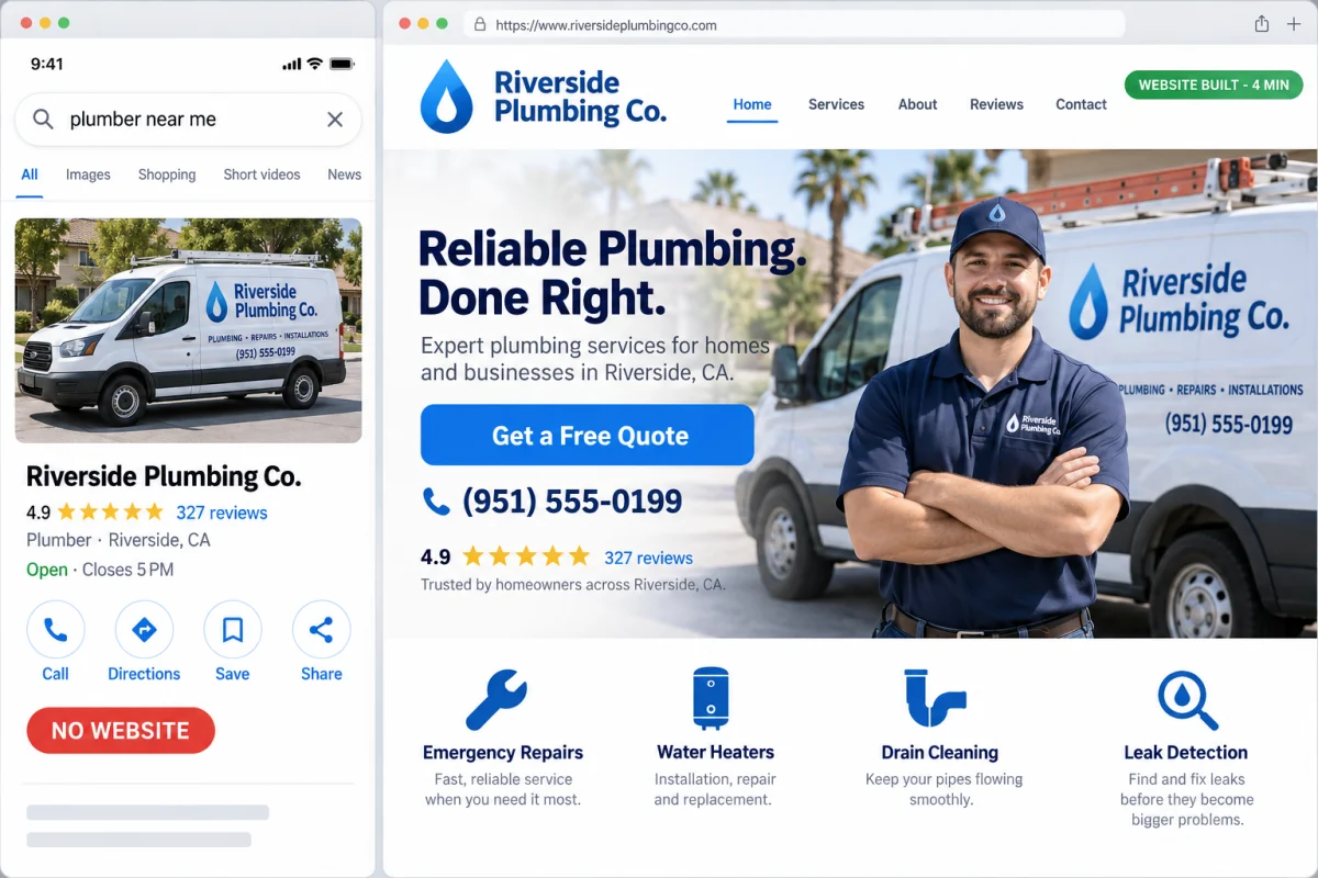 Riverside Plumbing Company shown first as a local listing with no website, then as a finished professional plumbing website