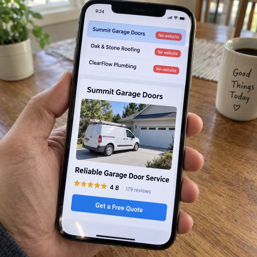 A hand holding a phone showing local businesses with no website and a finished Summit Garage Doors website preview